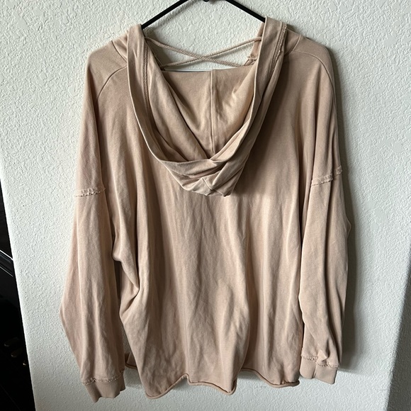 OVERSIZED Pink/Peach Cross-Tie Hooded Long Sleeve Shirt (will fit S-L) - Picture 2 of 2